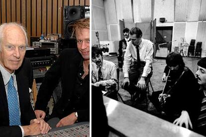 A la izquierda, George Martin y su hijo Giles. A la derecha, una imagen de Martin en los estudios con los cuatro de Liverpool.