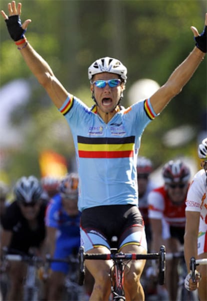 Toom Boonen celebra la victoria en el circuito urbano de Madrid.