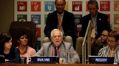 El ministro de Asuntos Exteriores, Josep Borrell, durante el examen de España ante la ONU en el Foro Político de Alto Nivel.