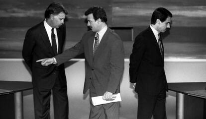 González, Campo Vidal y Aznar, en el primer debate, en Antena 3.