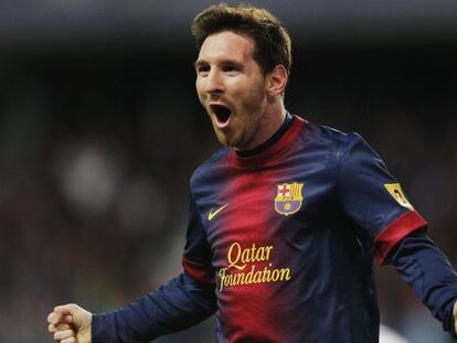 Leo Messi, celebra un gol contra el Málaga.