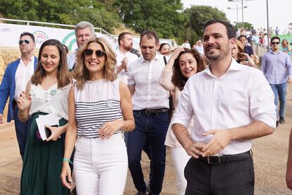 La vicepresidenta segunda del Gobierno, Yolanda Díaz, junto al ministro de Consumo Alberto Garzón y la ministra de Derechos Sociales Ione Belarra