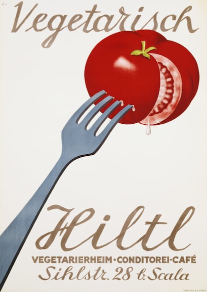 Cartel publicitario del restaurante Hiltl, el templo vegetariano de Zúrich.
