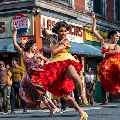 This image released by 20th Century Studios shows, from left, Ilda Mason as Luz, Ariana DeBose as Anita, and Ana Isabelle as Rosalia in "West Side Story." (Niko Tavernise/20th Century Studios via AP)