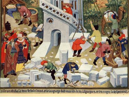 La torre de Babel en un dibujo del <i>Libro de horas de Bedford</i> (hacia 1423).