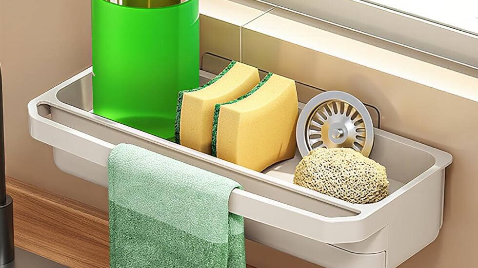 Organizador de fregadero de pared con bandeja de drenaje.