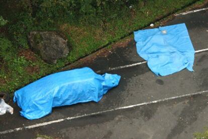 Dos sábanas azules cubren los cuerpos de un hombre y una mujer hallados en Minano.