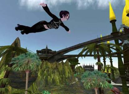 En una imagen de Second Life, un personaje se teletransporta a un templo budista.