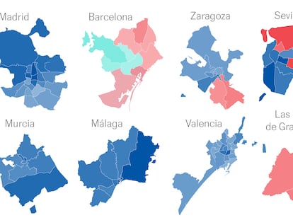 Los resultados de las elecciones municipales en cada distrito de Madrid, Barcelona, Valencia, Sevilla y otras grandes ciudades