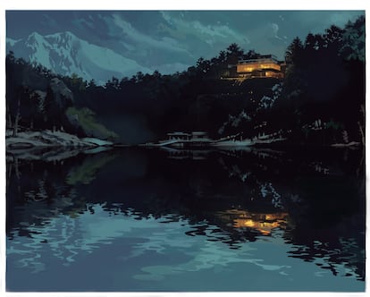 Esta perspectiva de la casa vista desde el lago se utiliza como títulos de crédito para cada uno de los doce capítulos de la serie.