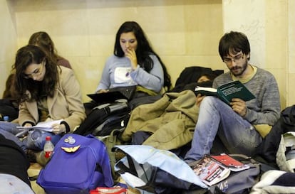 Students at the Complutense University in Madrid during the fifth day of a sit-in protest.