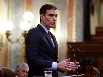 El presidente del Gobierno, Pedro Sánchez, durante su intervención en el pleno del Congreso, este jueves.