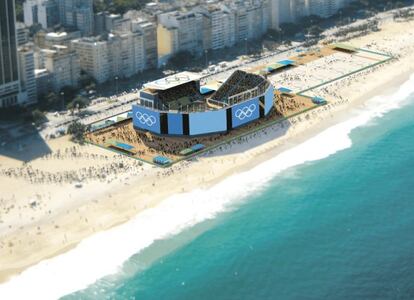 Maqueta que ofrece la organización de los JJ OO sobre cómoquedará el Arena de Voley-Palya en la playa de Copacabana. La arena tendrá una cancha central para juegos, cinco para entrenamientos y dos para calentamiento