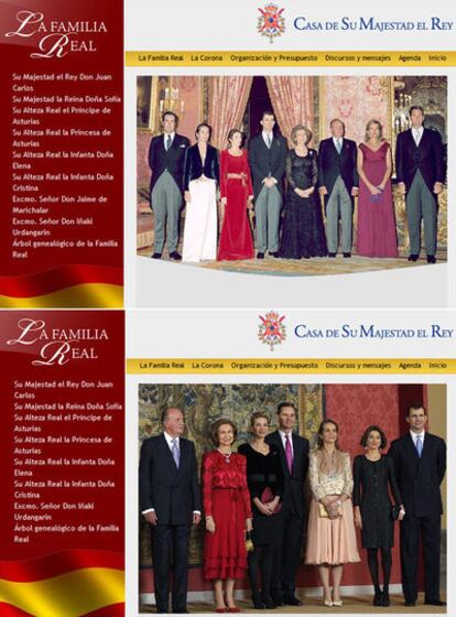 La foto que hasta ayer figuraba en la <i>web</i> de la Casa del Rey, en la que Jaime de Marichalar aparecía como miembro de la familia real. A la derecha, la nueva imagen.