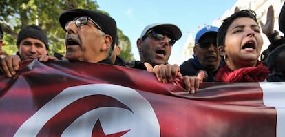 Celebración, el pasado 14 de enero, del séptimo aniversario de las revueltas de 2010, que acabaron con la dictadura de Ben Ali.