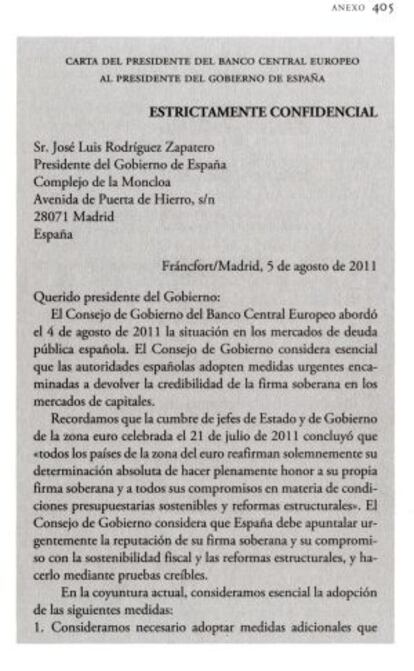 Carta del presidente del Banco Central Europeo a Zapatero.