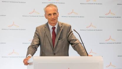 El presidente de la alianza Renault-Nissan-Mitsubishi, Jean-Dominique Senard, hoy, en París, durante la presentación del plan a medio plazo de las tres firmas. 