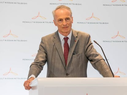 El presidente de la alianza Renault-Nissan-Mitsubishi, Jean-Dominique Senard, hoy, en París, durante la presentación del plan a medio plazo de las tres firmas. 