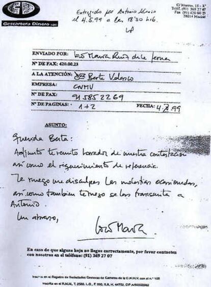 Fax remitido por José María Ruiz de la Serna a la secretaria de Antonio Alonso Ureba.