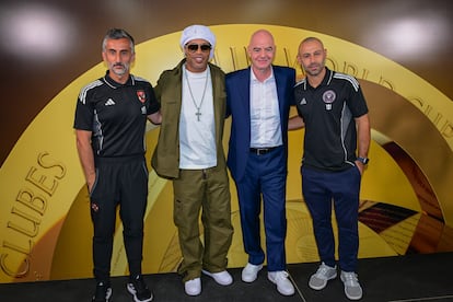 Al Ahly coach José Riveiro; former Brazilian footballer Ronaldinho; FIFA President Gianni Infantino; and Inter Miami coach Javier Mascherano.