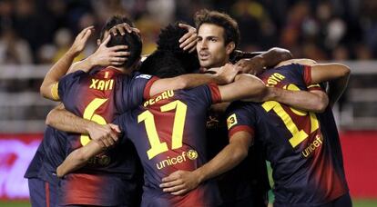 Los jugadores el Barça celebran un gol ante el Rayo.