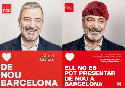 El cartel electoral de Jaume Collboni, candidato socialista a las elecciones municipales de Barcelona, y su versión hecha por la Fundación Arrels para visibilizar las personas sin techo