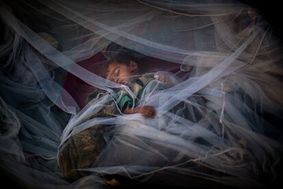 Un niño pakistaní desplazado del valle de Swat duerme bajo una mosquitera fuera de su tienda en el campo de refugiados de Jalozai, cerca de Peshawar, Pakistán, martes 26 de mayo de 2009. 