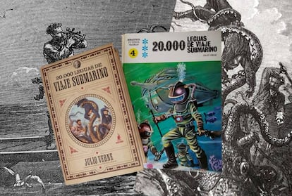 Muntatge fotogràfic amb diversos exemplars de 'Vint mil llegües de viatge submarí' de Jules Verne.