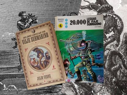 Montaje fotográfico con varios ejemplares de '20.000 leguas de viaje submarino', de Julio Verne.