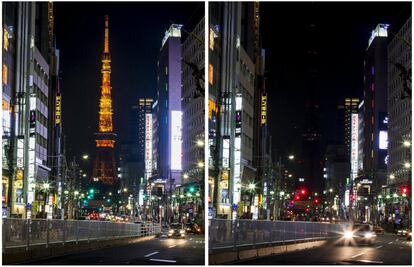 Una combinación de dos fotografias muestra la Torre de Tokio antes de y después de que sus luces se apagan por la Hora del Planeta en Tokio.