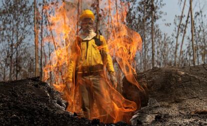 Un bombero durante los combates de los incendios en la selva amazónica brasileña.