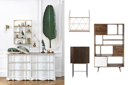 En la imagen: ALICE – Organizador de pared metálico, STERLING – mueble de bar de acacia y ANDERSEN – estantería con tres puertas de madera.