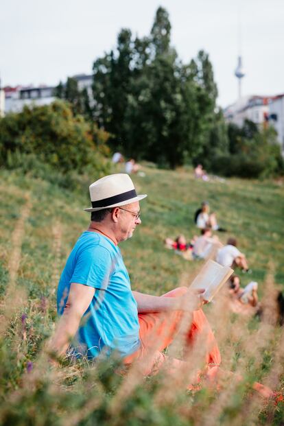 Un hombre lee en el Mauerpark de Berlín con la torre de televisión de Alexanderplatz al fondo.