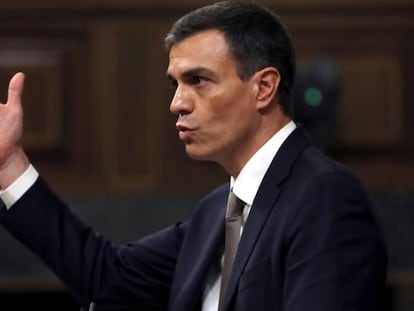 Pedro Sánchez, durant la seva intervenció al Congrés aquest dijous.