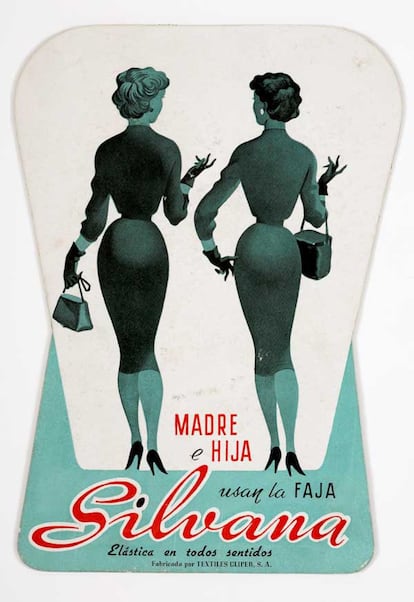 Los cambios en las modas también se reflejaban en los anuncios, como este en cartón troquelado de la firma de fajas Silvana, de 1950.