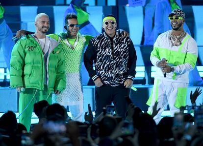 J Balvin, Ozuna, Daddy Yankee y Anuel AA en la última gala de los premios Billboard Latin Music, celebrada el pasado mes de abril.