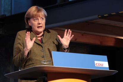 Angela Merkel, este sábado durante un mitin en Stralsund (norte).