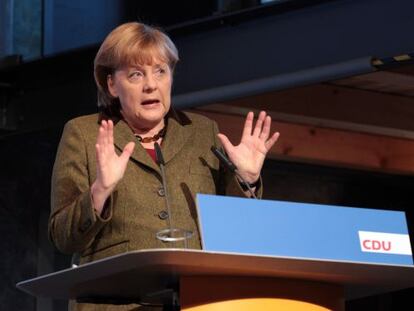 Angela Merkel, este s&aacute;bado durante un mitin en Stralsund (norte). 