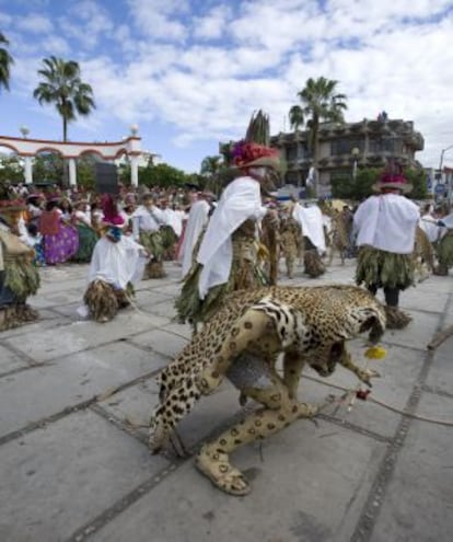 Los tres personajes principales de la danza del Pochó de
Tenosique, en Tabasco (México): las pochoveras (mujeres), con sus largas faldas; los cojós (hombres), con sus máscaras de maderas y capas blancas, y en primer plano un tigre.
