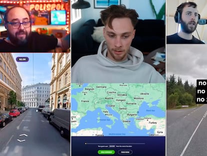 De izquierda a derecha, los creadores de contenido PolisPol, Rainbolt y Geowizard juegan distintas partidas de Geoguessr