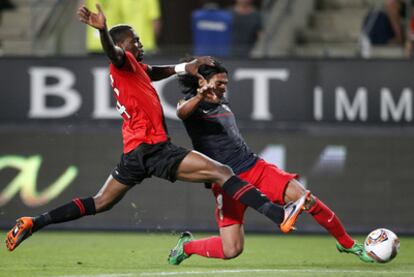 Falcao vies for the ball with Rennes' Georges Mandjeck.