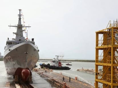 Botadura en el astillero de Navantia en San Fernando (Cádiz) de la tercera corbeta para Arabia Saudí el pasado 5 de abril.