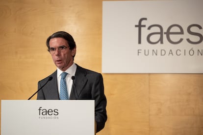 El expresidente del Gobierno y presidente de la Fundación FAES, José María Aznar, a finales de abril en Madrid