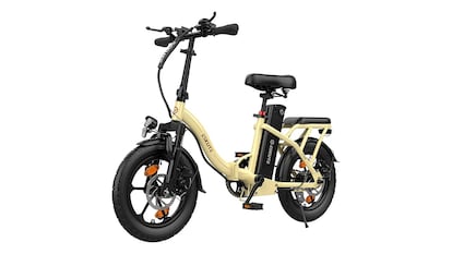 Bicicleta plegable sobre fondo blanco.