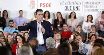 El líder del PSOE, Pedro Sánchez, este domingo en Madrid.