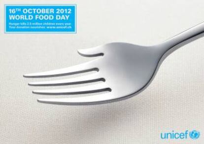 UNICEF. "16 de octubre. Día Mundial de los alimentos. El hambre mata anualmente a un millón y medio de niños | Tu donación alimenta". Agencia Saatchi & Saatchi, Suiza.