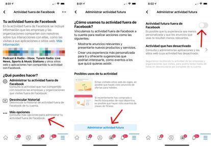 Desactiva la actividad fuera de Facebook.