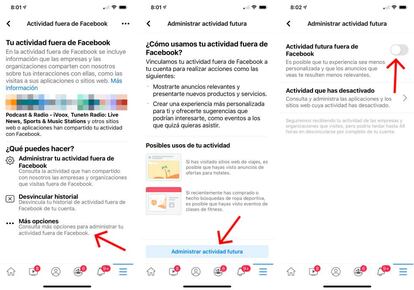 Desactiva la actividad fuera de Facebook.