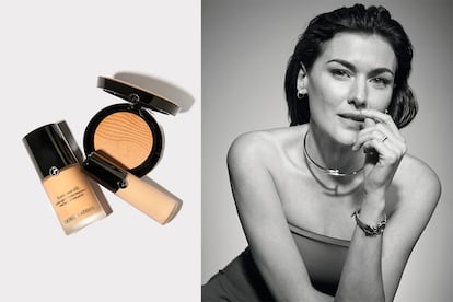 A la izda., base de maquillaje Luminous Silk Foundation (42 €), polvos fijadores ligeros de larga duración Luminous Silk Glow Fusion Powder (45 €) y corrector Luminous Silk (33 €), todo de ARMANI BEAUTY. A la dcha., mono de SPORTMAX, anillo de MESSIKA PARIS y pendientes, gargantilla y reloj Panthère, todo de CARTIER.