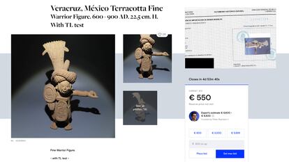 figura de prehispánica, junto a su supuesto certificado de autenticidad.